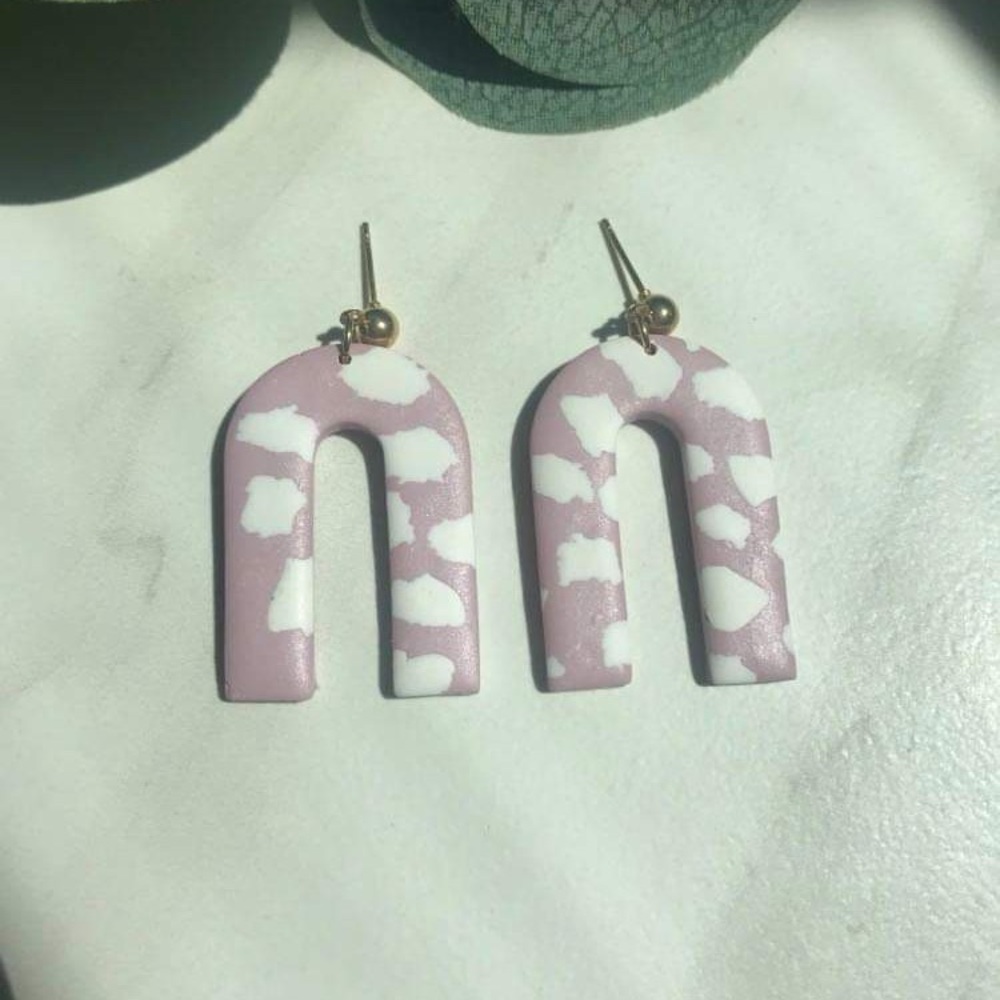 Pink and White Cow Print Arch Earrings